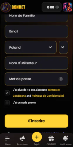 DonBet inscription sur le site web - page d'enregistrement