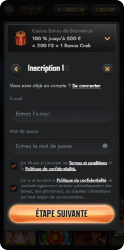 Gransino inscription sur le site web - page d'enregistrement
