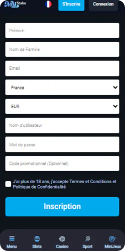 MyStake inscription sur le site web - page d'enregistrement